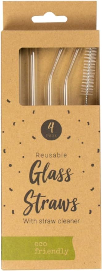 Eco Friendly 4 Reusable Glass Straws (2 Straight, 2 Bent) and Cleaning Brush | Amazon (UK)