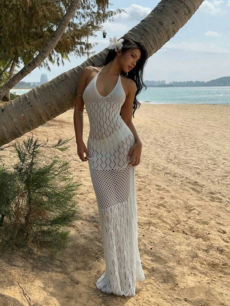 Aloruh Women's Long Crochet Hollow-Out Backless Tight Knitted Fish Tail White Color Dress, Spring/Summer | SHEIN