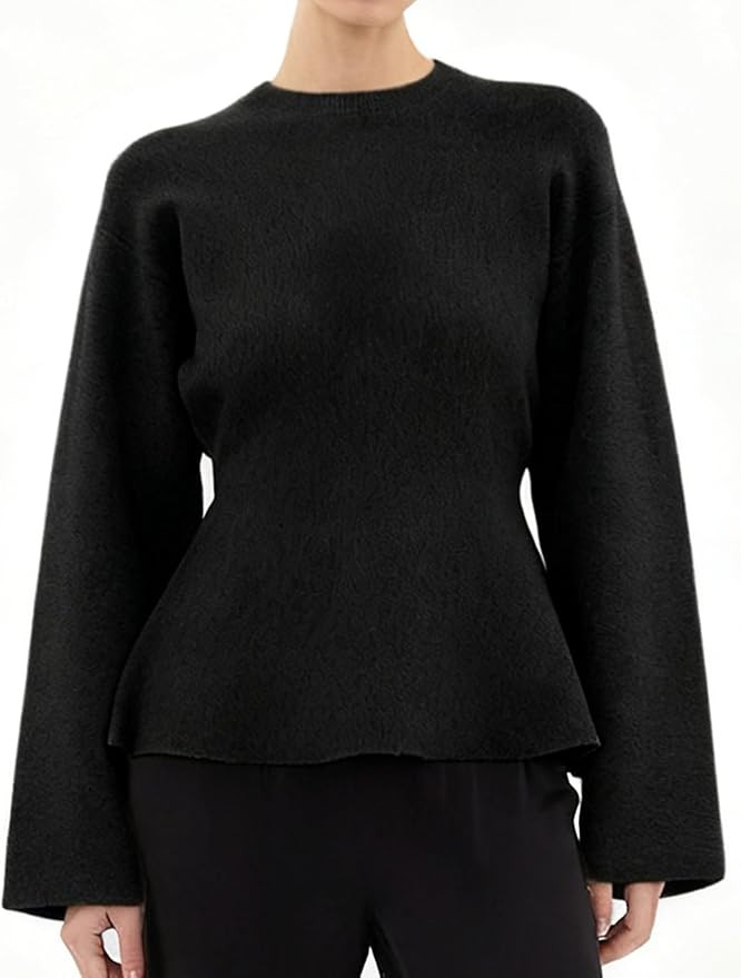 Women's Long Sleeve Sweater Self Tie Belted Peplum Loose Crew Neck Knit Pullover Jumper | Amazon (US)