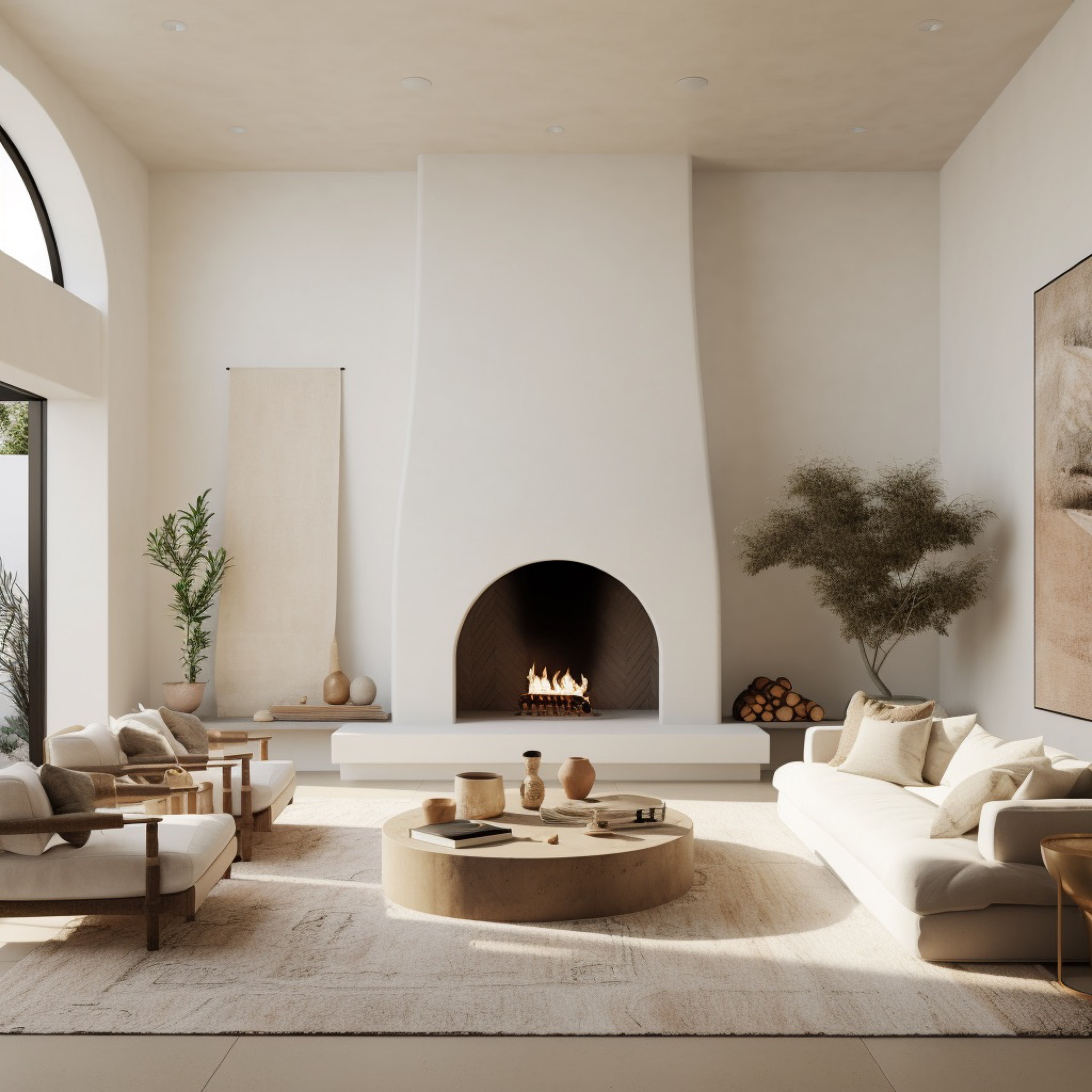 Cool but cozy living space with amazing arched plaster fireplace as the focal point. Neutral colors & cozy textures & light woods  

#LTKhome #LTKunder100 #LTKfamily