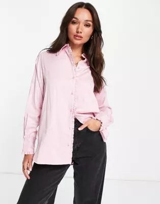 Selected Femme oversized satin shirt with ruffle collar in pink | ASOS (Global)