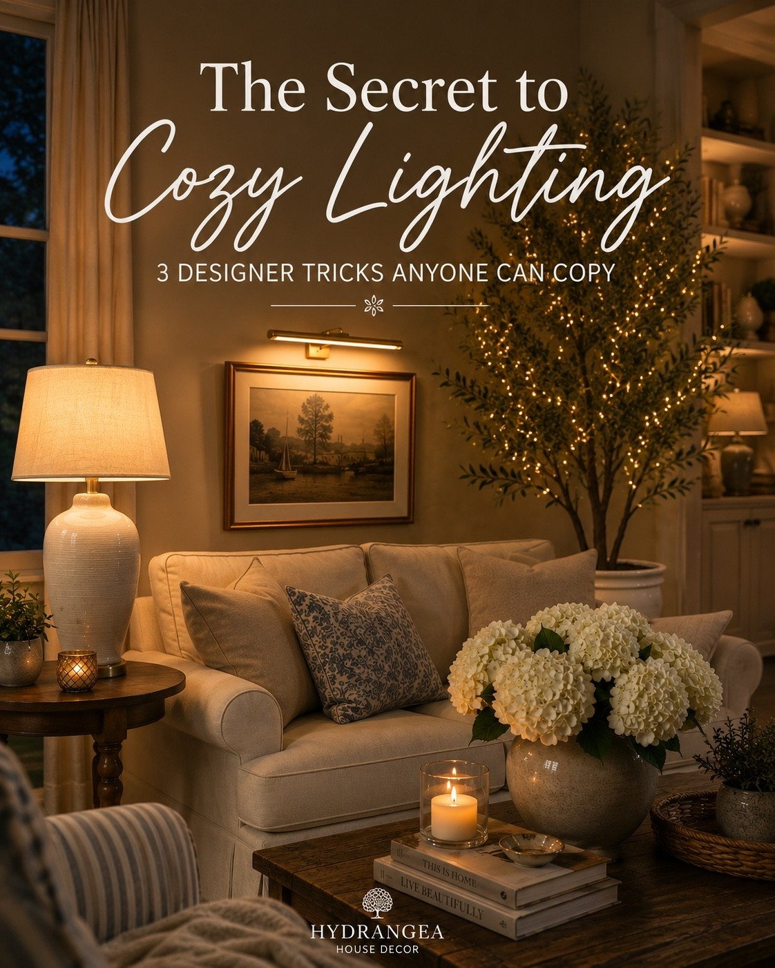 The coziest rooms aren’t always the most expensive—they’re the ones with beautiful, layered lighting. A table lamp, a picture light, and a softly lit olive tree can completely change how a room feels after the sun goes down. I’ve linked the pieces to recreate this warm, inviting look in my LTK. 🤍 #LTKHome #CozyHome #AmazonHome #NancyMeyersInspired #LayeredLighting #HydrangeaHouseDecor