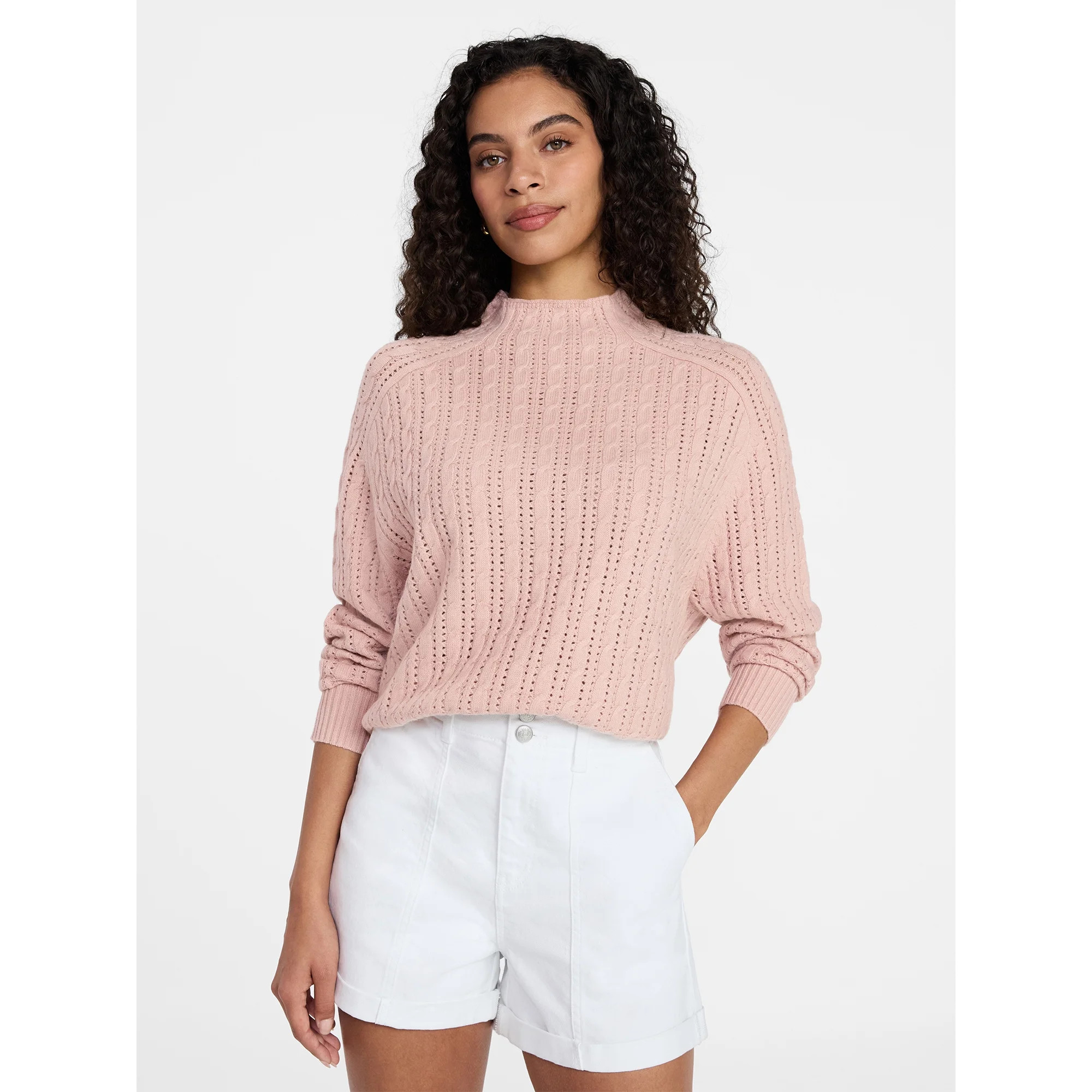 Time and Tru Women's Pointelle Mock Neck Sweater with Long Sleeves, Lightweight, Sizes, XS-XXXL | Walmart (US)
