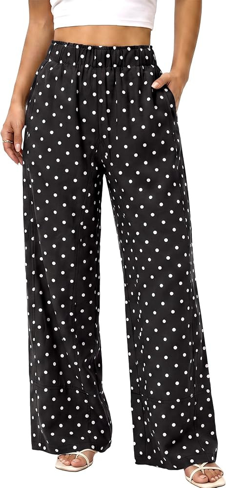 SeeLuNa Cotton Linen Pants Women Polka Dot High Elastic Waist Wide Leg Trousers Summer Boho Palaz... | Amazon (US)