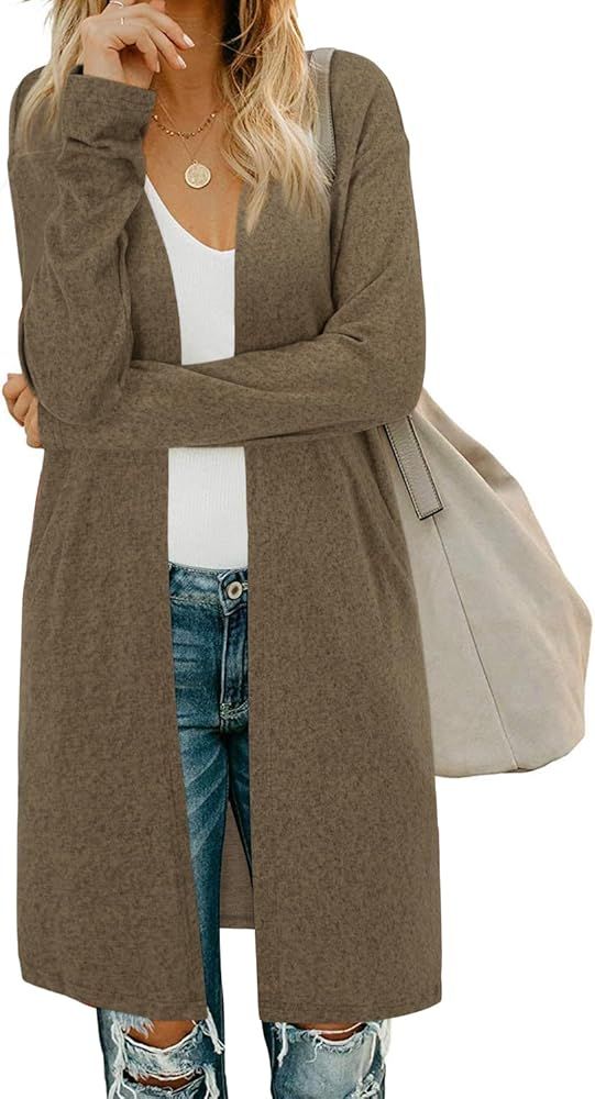 OUGES Women's Open Front Cardigan Shirt with Pockets Long Sleeve Lightweight Coat | Amazon (US)