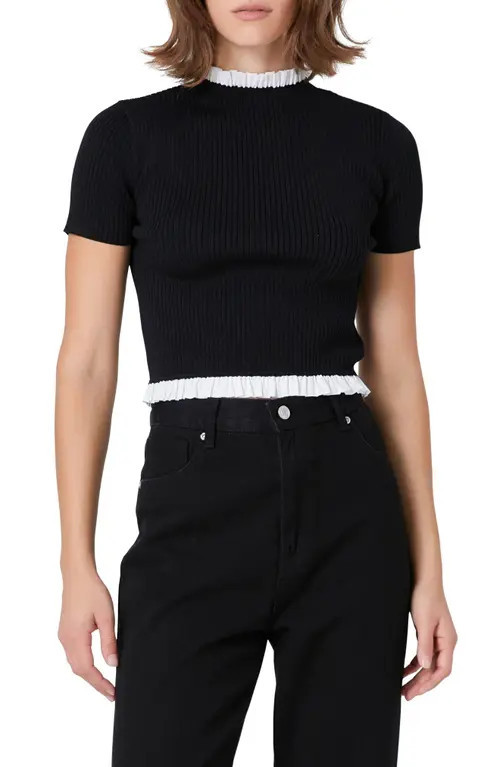 Endless Rose Contrast Ruffle Rib Knit Crop Top in Black at Nordstrom, Size Small | Nordstrom