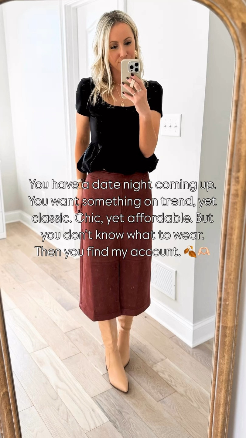 Fall date night outfit inspo! 🍂 Love this peplum top + suede midi skirt for any special event this fall + holiday season! And this trench coat is a classic must-have! Wearing xs in everything! I’m 5’7”. 

Business casual 

#LTKVideo #LTKWorkwear #LTKFindsUnder50