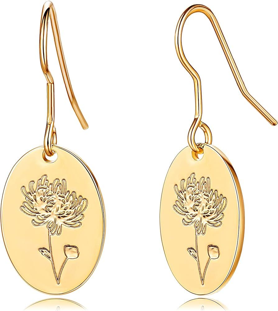 Moodear Birth Flower Earrings 18K Gold Engraved Birth Month Flower Dangle Earrings Dainty Minimal... | Amazon (US)