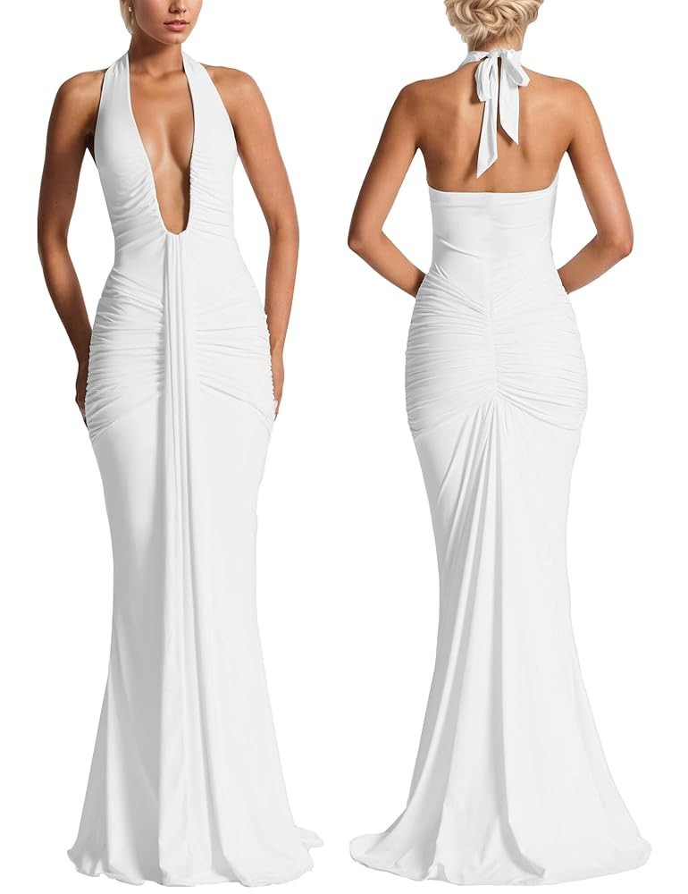 Women’s Evening Extra Long Dress Deep V-Neck Backless Halter Ruched Draped Elegant Club Party M... | Amazon (US)