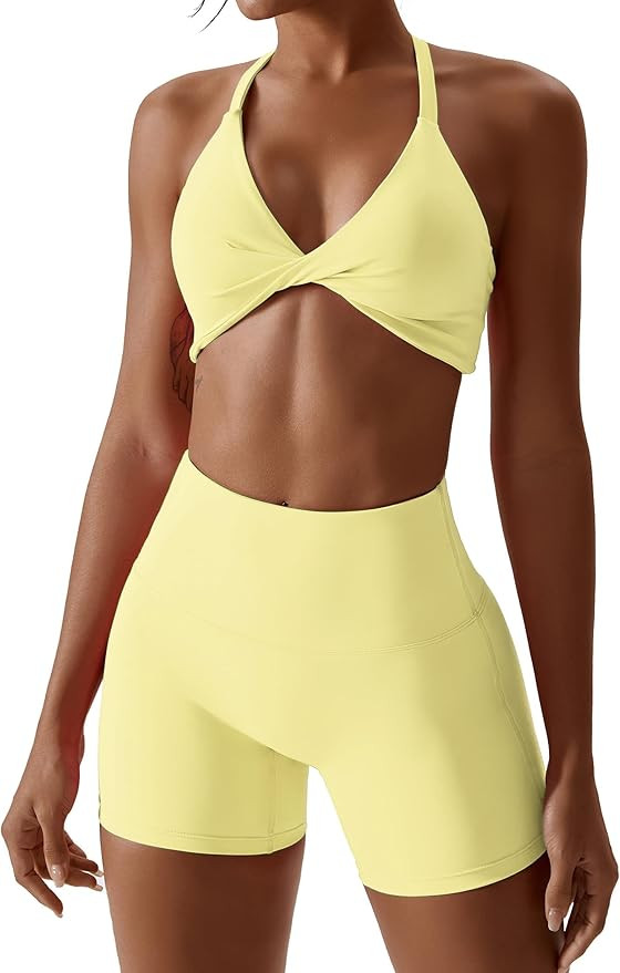 ABOCIW Workout Sets for Women 2 Piece Twist Front Halter Sports Bras High Waist Biker Shorts Exer... | Amazon (US)