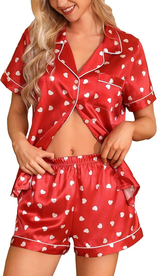 Samring Women's Silk Satin Pajamas Set Short Sleeve Sleepwear Two Piece Button Down Pj Set with P... | Amazon (US)