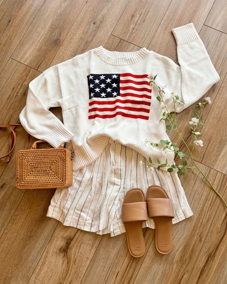 4th of July outfit. American flag sweater. Striped linen shorts. 

#LTKSeasonal #LTKSummerSales #LTKSaleAlert