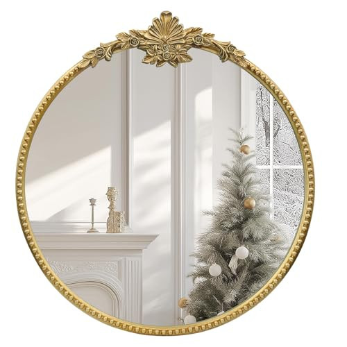 IPOUF Round Gold Mirror,28inch Baroque Style Vintage Decorative Circle Wall Mirror for Living Room, Bedroom, Bathroom, and Entryway,Antique Gold | Amazon (US)