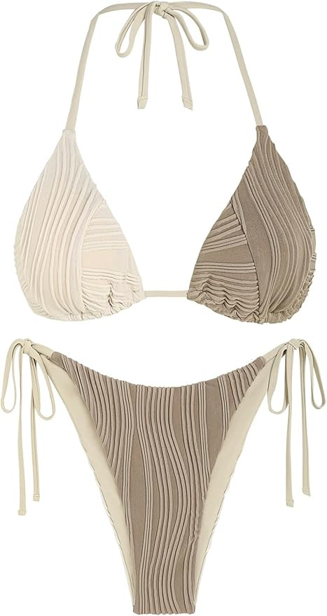 ZAFUL Bikini Sets for Women Halter Two Piece Swimsuit Ribbed High Cut Tie Side Thong Bathing Suit... | Amazon (US)
