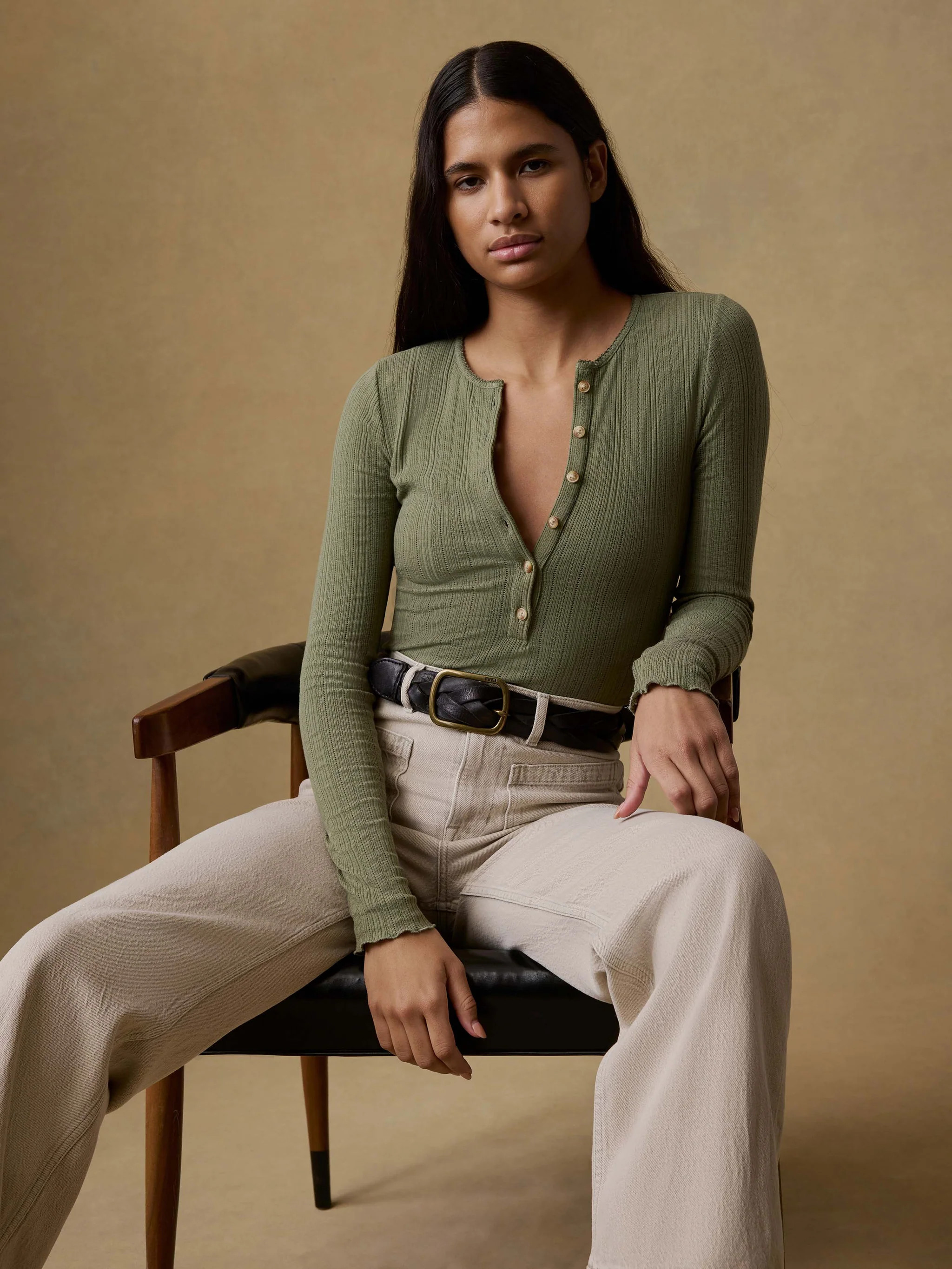 Paradise Pointelle Henley - Island Olive | Faherty