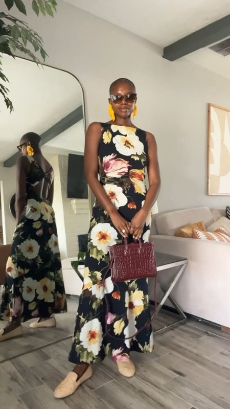 Dark floral maxi dress with cut out back for spring. Raffia flats are so comfy, maroon croc crossbody purse and tortoise sunglasses  

#LTKfindsunder100 #LTKfindsunder50 #LTKVideo