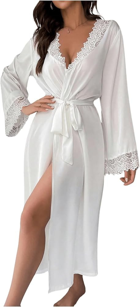 GORGLITTER Women's Satin Kimono Long Robe Lace Trim Sleepwear V Neck Long Sleeve Nightgown Bride ... | Amazon (US)