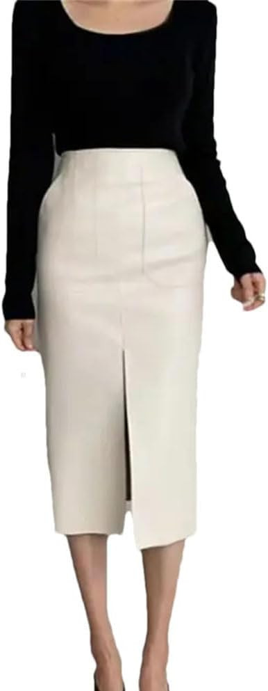 Women Front Pockets Faux Leather Length Pencil Skirts Split Elegant PU Long Skirts | Amazon (US)