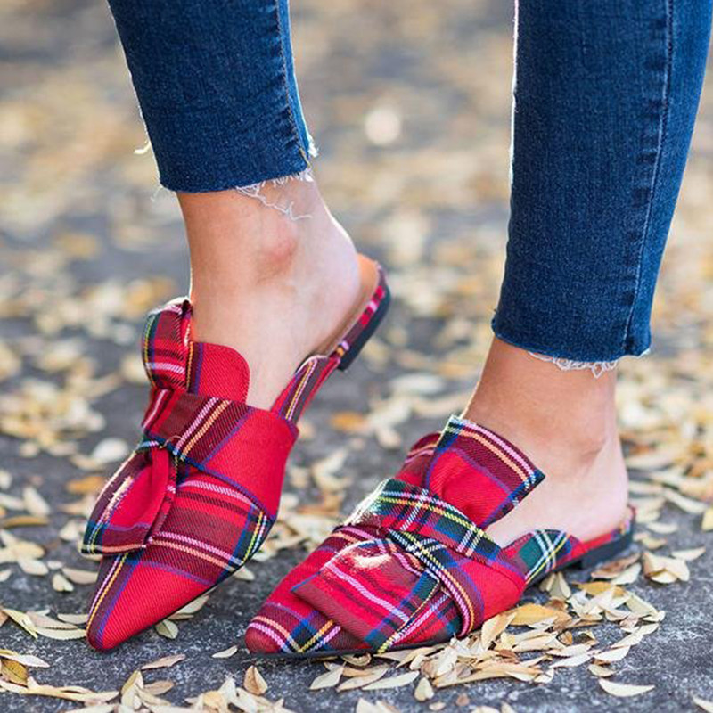 Women's Red Pointed Toe Flat Shoes Plaid Bow Mule Loafers | FSJshoes