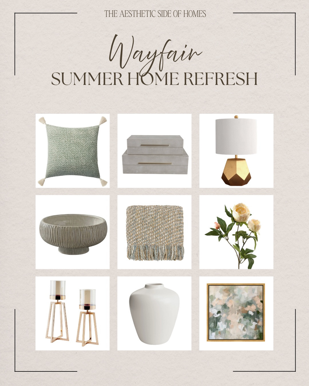 Summer home refresh includes table lamp, decorative boxes, throw pillows, decorative bowl, throw blanket, floral stem, candle holders, vase, and wall art.

Looks for less, home decor, neutral home
@Wayfair

#LTKSaleAlert #LTKHome #LTKSeasonal
