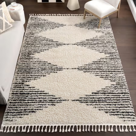 Off White Moroccan Diamond Pinstripes Tassel Area Rug | Rugs USA