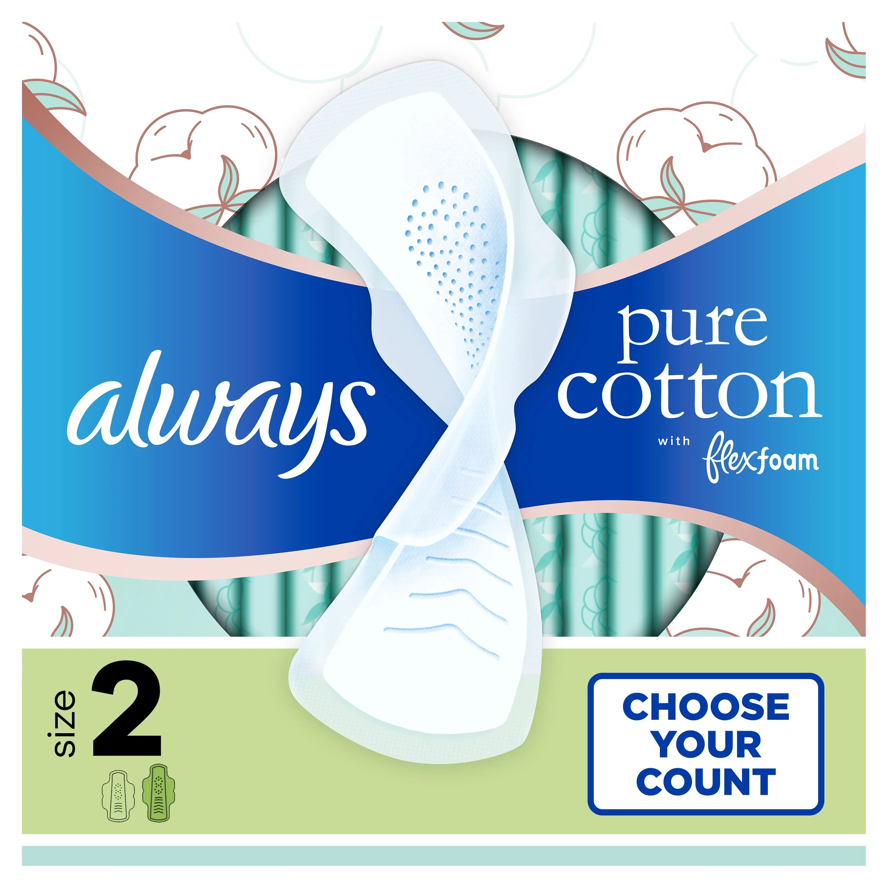 Always Pure Cotton Feminine Pads With WIngs, Size 2, Heavy Absorbency, 24 Count | Walmart (US)