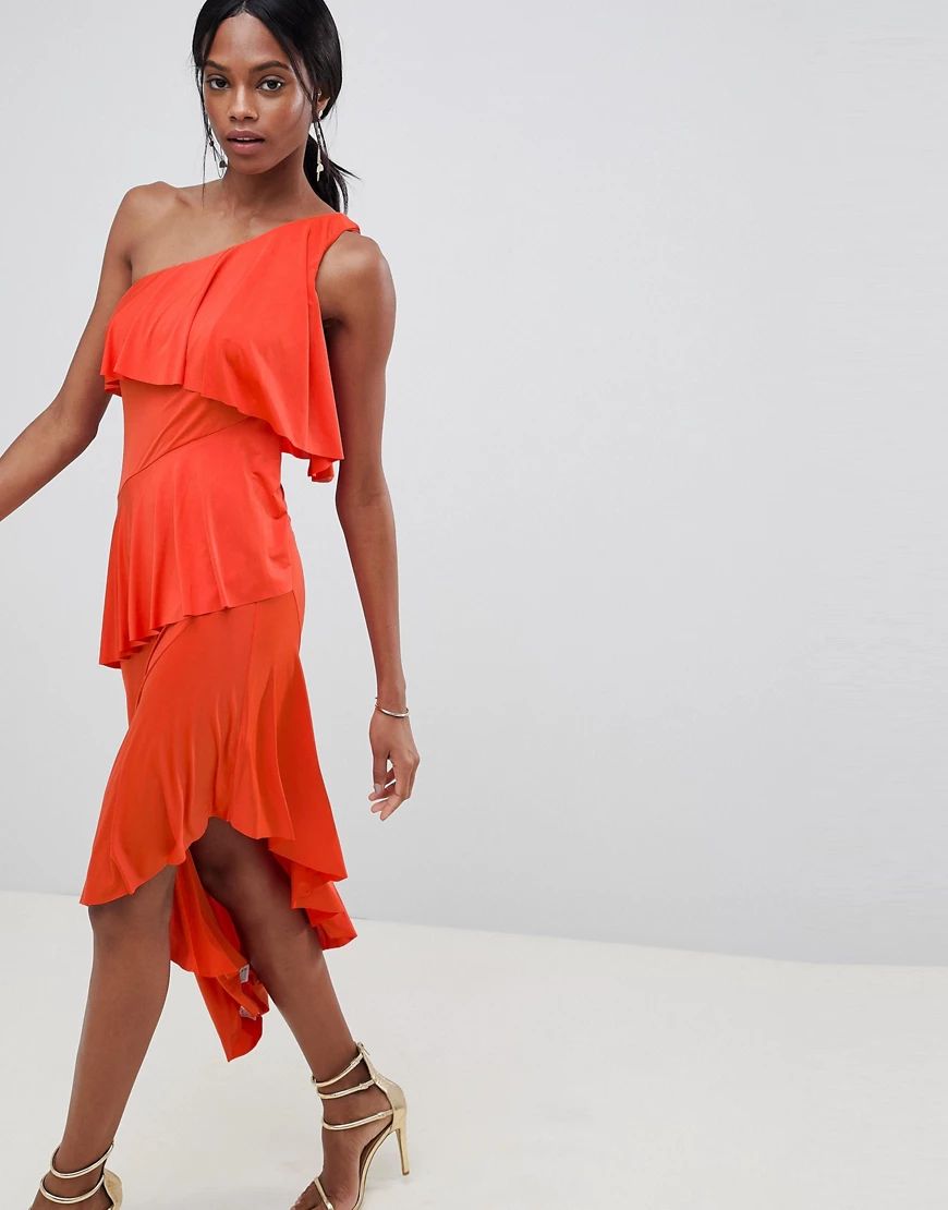 ASOS DESIGN one shoulder drapey tiered midi dress-Orange | ASOS (Global)