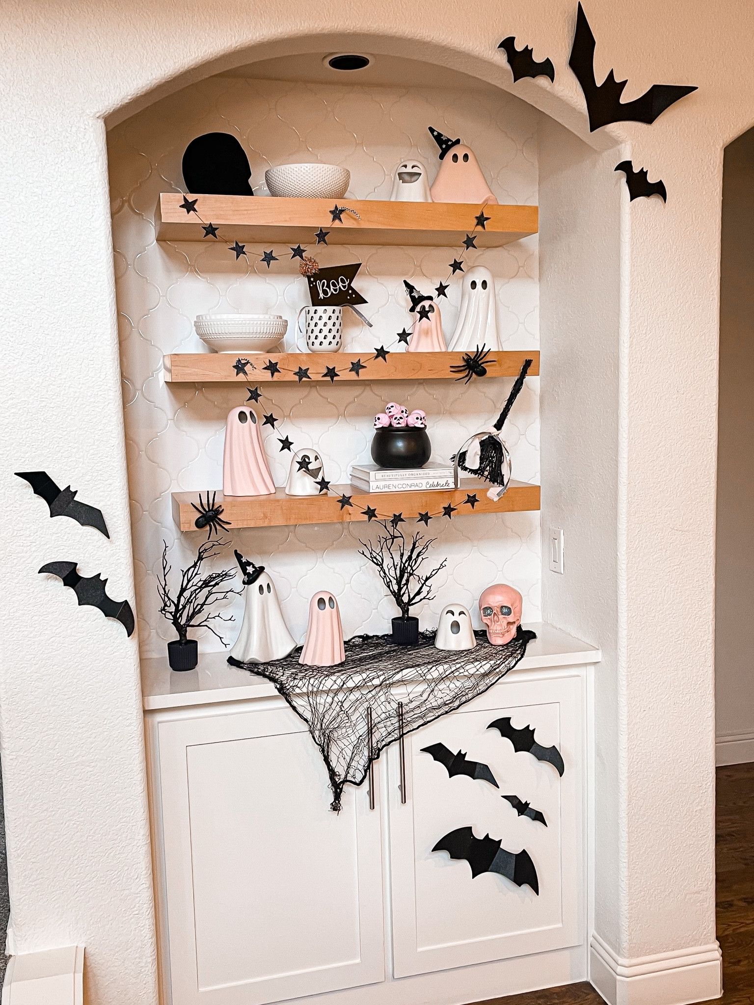 Sharing last years kitchen shelf styling. I painted some of the ghost pink and added little hats! 
Pink halloween decor 

#LTKHome #LTKSaleAlert #LTKSeasonal