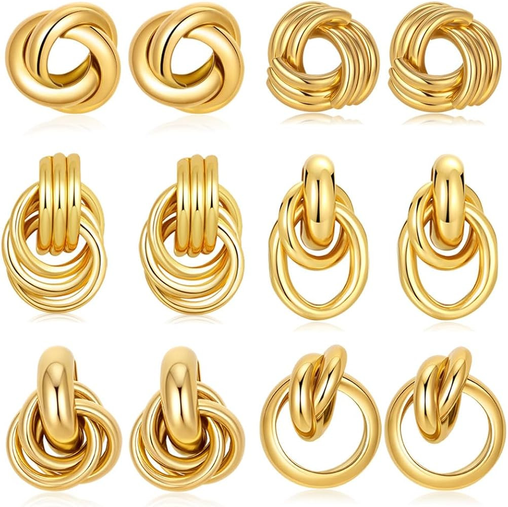 Akeoqi 6 Pairs Gold Knot Earrings for Women Chunky Statement Drop Dangle Earring Studs Geometric ... | Amazon (US)