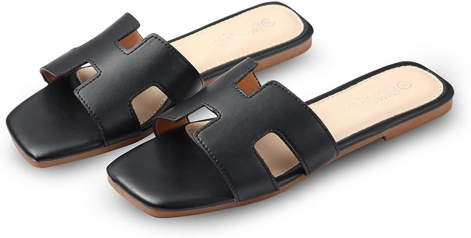 Women's Sandals Slip On Leather Slide Sandals Summer Sandals For Women 2024 Dressy Flat Sandals C... | Amazon (US)