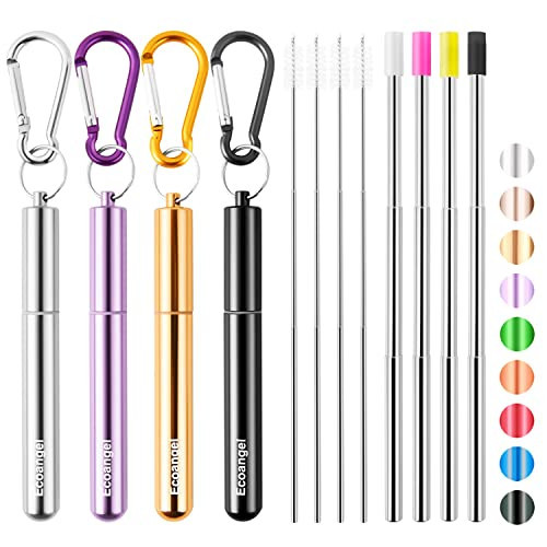 Ecoangel Cruise Ship Essentials,4-Pack reusable Collapsible Stainless Steel Drinking Straws with Aluminum Case,Cleaning Brush,and Keychains （Black & silver & purple & gold） | Amazon (US)