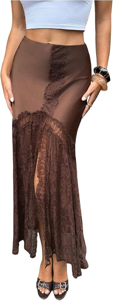 WDIRARA Women's Lace High Slit Skirt Low Rise Ruffle Flowy Long Skirts | Amazon (US)