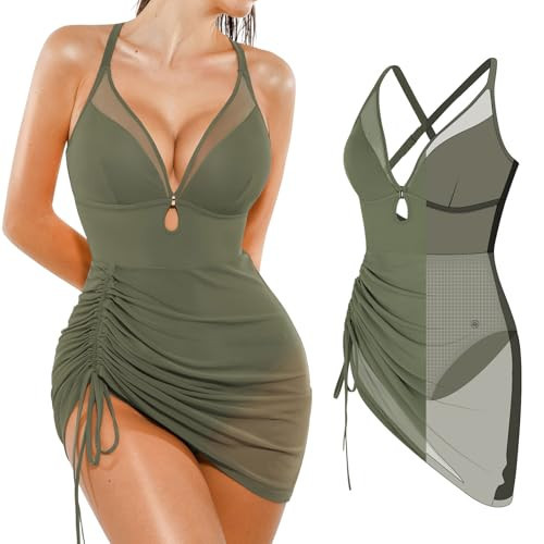 Popilush Womens One Piece Swimsuits Tummy Control Swim Dress Slimming Sarong Wraps Swim Suits with Skirt Green | Amazon (US)