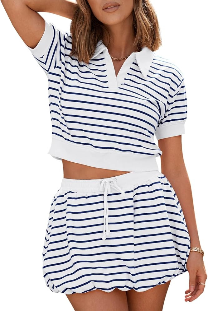 Fisoew Womens Striped 2 Piece Outfits Skort Set Short Sleeves Shirts Bubble Mini Skirt Sets Match... | Amazon (US)