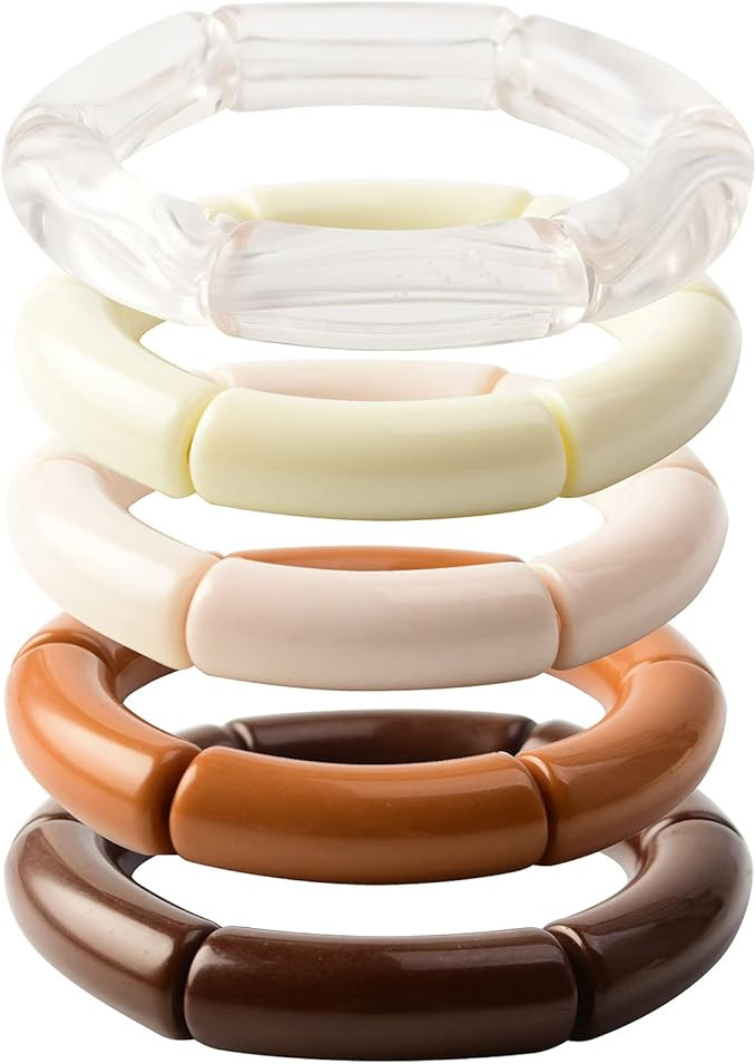 Bamboo Tube Bangles Bracelet Chunky Curved Stacking Clear Acrylic Colorful Beads Stretchable Frie... | Amazon (US)