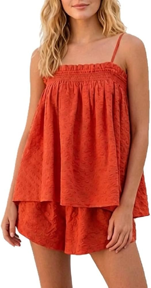 Women's Gingham 2pcs Set Spaghetti Strap Flowy Peplum Babydoll Top Plaid Shorts Sets Summer Light... | Amazon (US)
