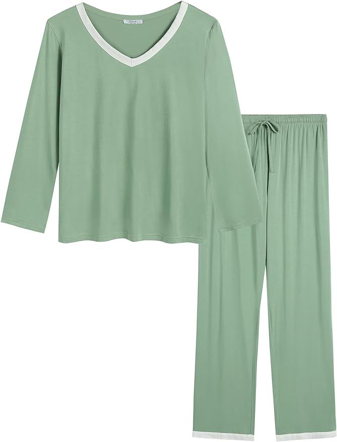 Joyaria Womens Pajamas Set Long Sleeve/Long Pant/V Neck/Satin Trim | Amazon (US)