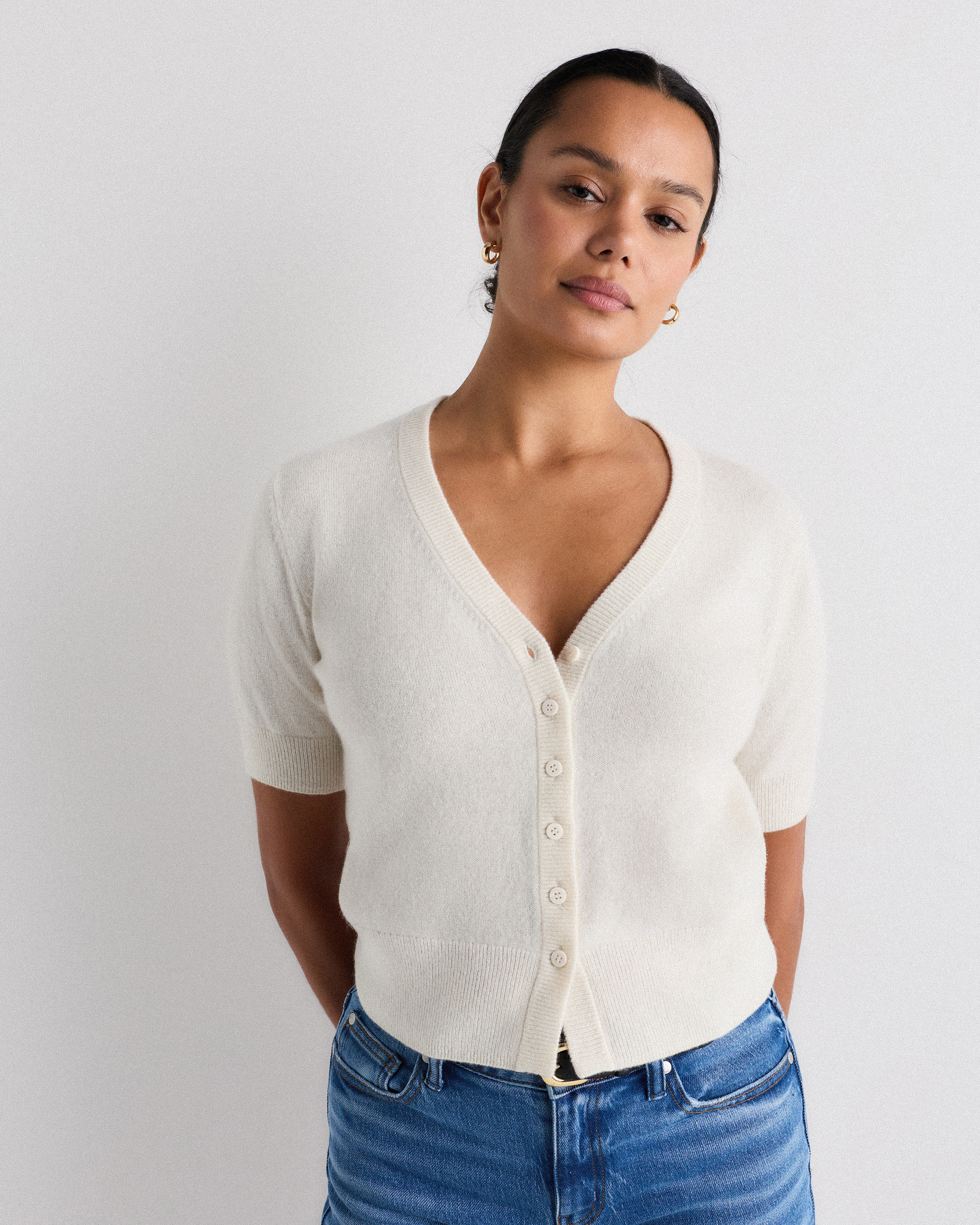 Quince | Women's Mongolian Cashmere Short Sleeve Cardigan Sweater in Ivory, Size XL | Quince