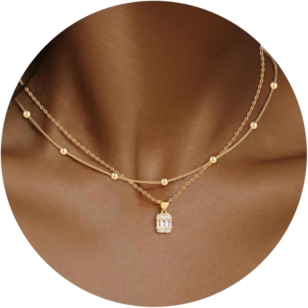 Diamond Necklaces for Women Non Tarnish, Dainty 14K Gold Stack Silver Choker Chain Double Pendant... | Amazon (US)