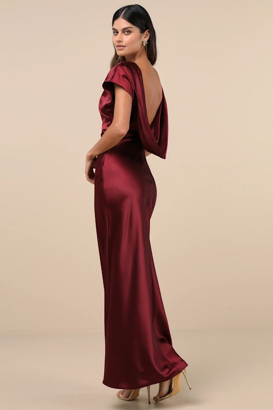 Captivating Presence Wine Red Satin Cowl Back Maxi Dress | Lulus