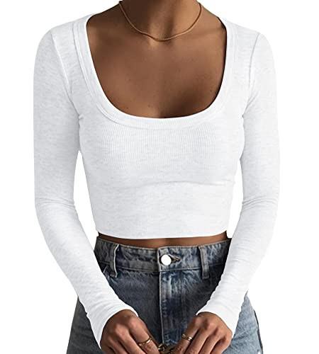Artfish Women's Square Neck Long Sleeve Ribbed Slim Fitted Casual Basic Crop Top (White, L) | Amazon (US)