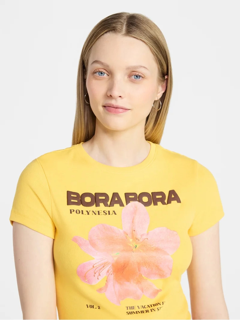 No Boundaries Ribbed Cotton Graphic Baby Tee with Short Sleeves, Women's XXS-XXL - Walmart.com | Walmart (US)