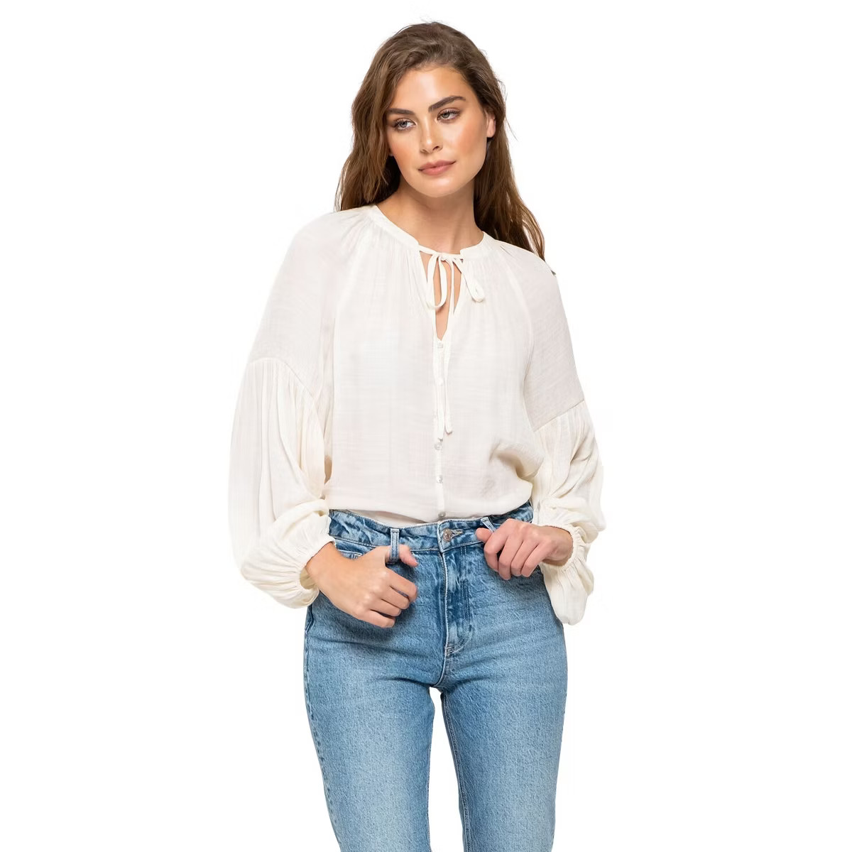 August Sky Women's Long Sleeve Peasant Woven Top RTH2011-B_Ivory_Small | Target