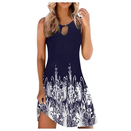 Follure Dresses for ladies Women Beach Floral Round Neck Sundress Sleeveless Casual Loose Tank Dress | Walmart (US)