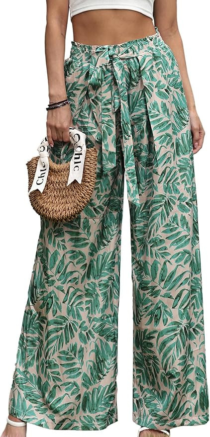 Womens Printed Wide Leg Pants Ruffle Elastic Drawstring Beach Vacation Palazzo Loose Comfy Trouse... | Amazon (US)