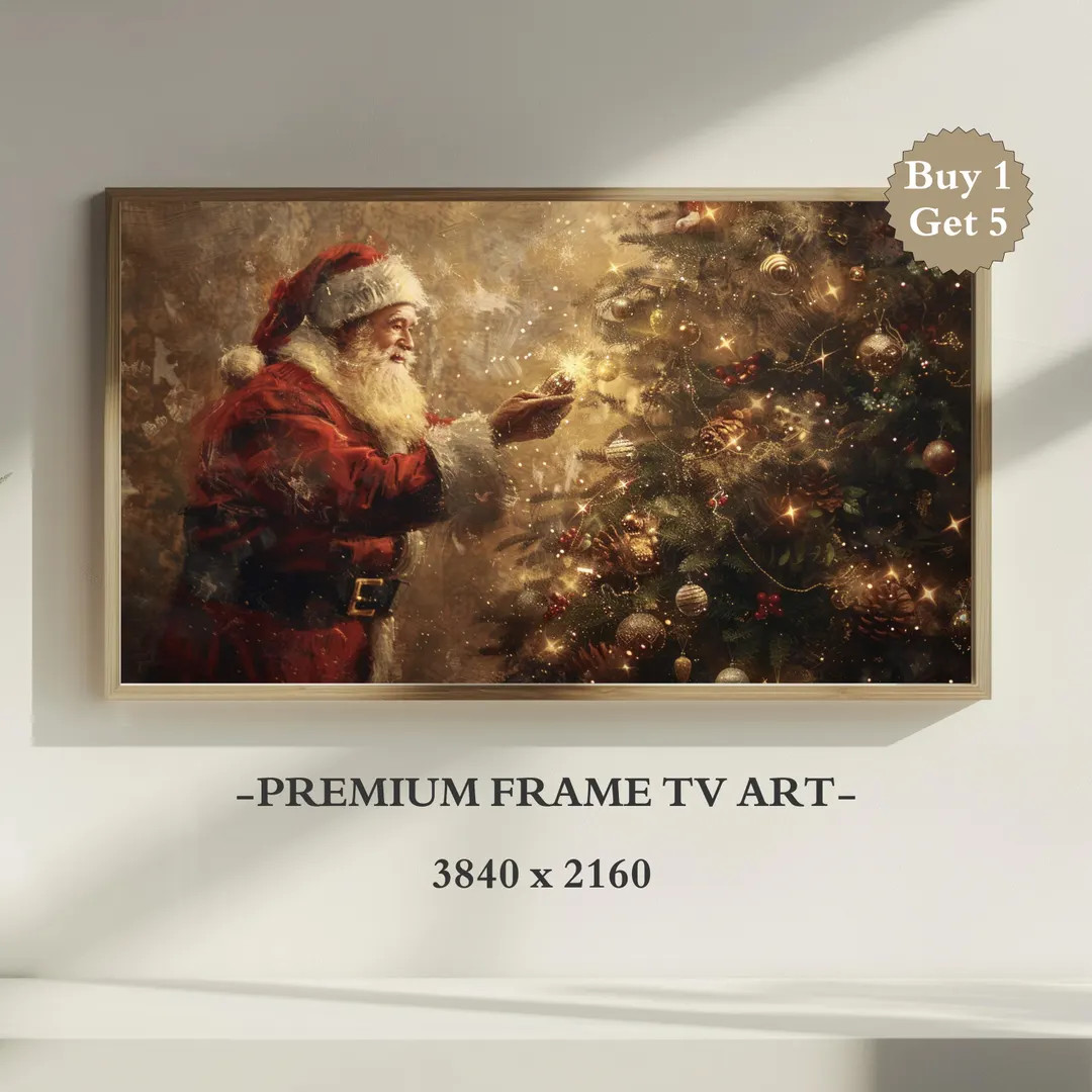 Santa Christmas Tree Frame Tv Art, Dark Vintage Holiday Santa Claus Painting Screensaver Digital ... | Etsy (US)
