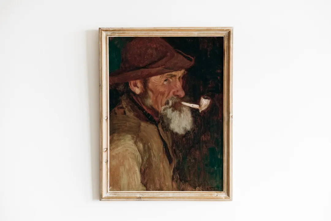 Old Fisherman Vintage Painting Antique Printable Wall Art Maine Coastal Nautical Pipe Elderly Uni... | Etsy (US)