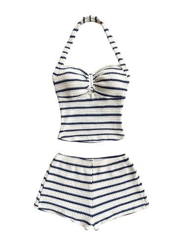 SOLY HUX Women's Summer 2 Piece Outfits Striped Crochet Halter Top Mini Shorts Set Beach Vacation Y2K Sets Blue and White Large | Amazon (US)