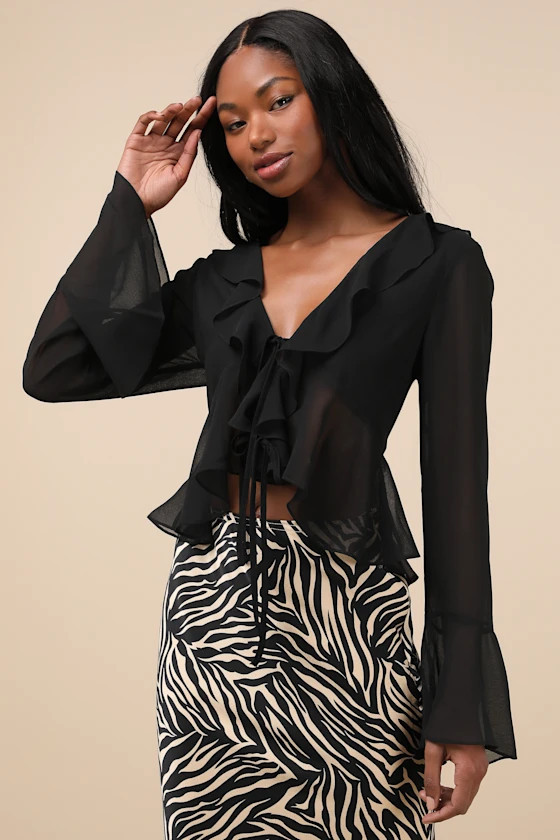 Thriving Flirt Black Chiffon Ruffled Long Sleeve Tie-Front Top | Lulus