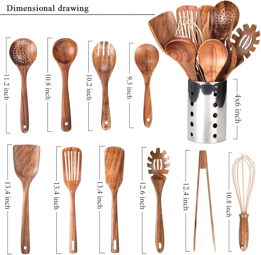Kitchen Utenails Set with Holder,Kitchen Wooden Utensils for Cooking, Wood Utensil Natural Teak W... | Amazon (US)